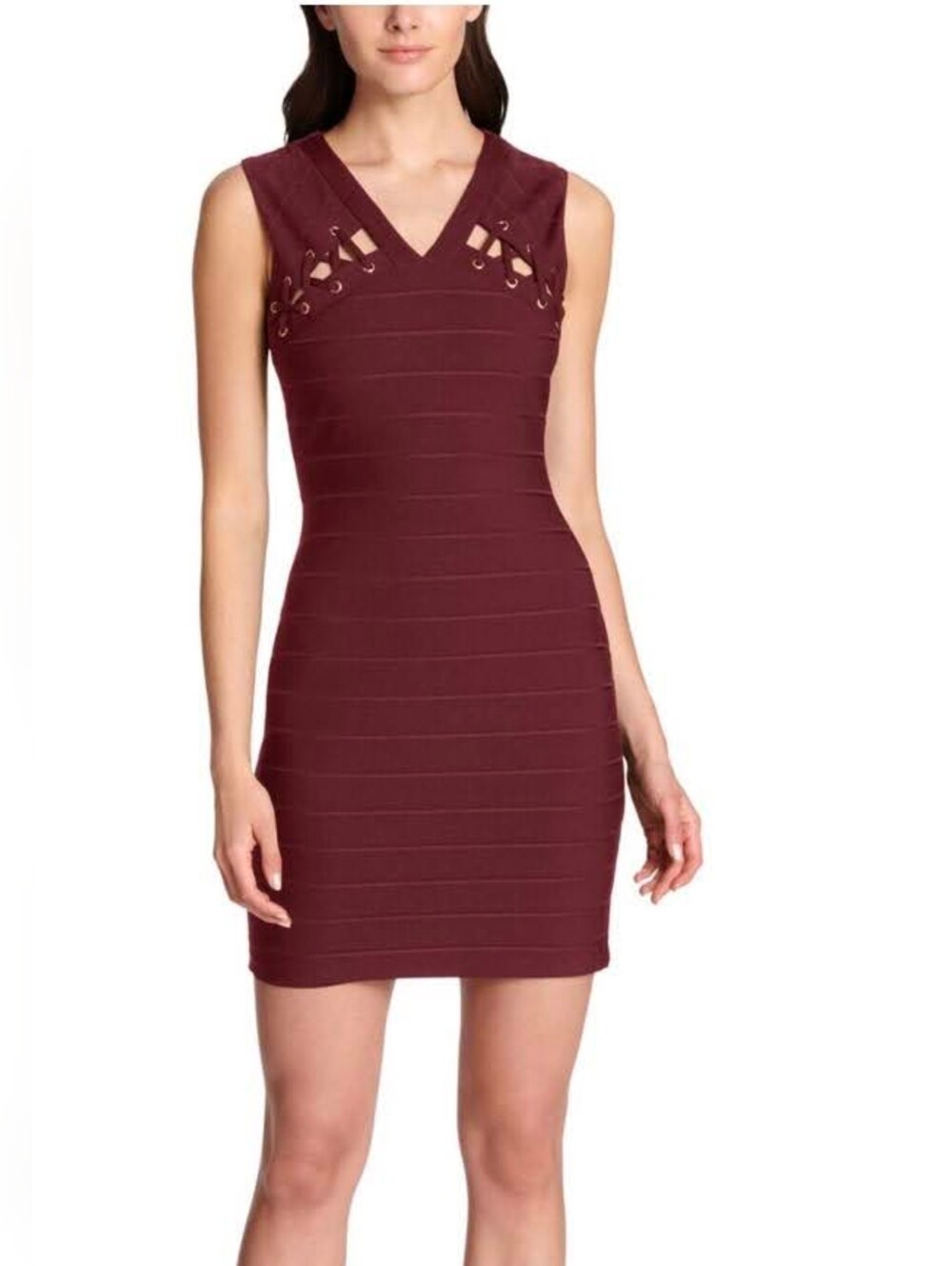 Small 2 GUESS Burgundy Maroon New Bandage Sheath Mini Dress Lace Up Rivet Detail